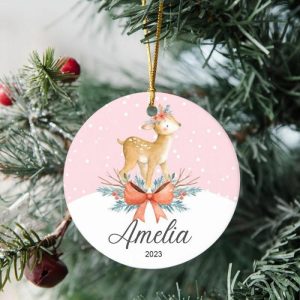 Ornaments |   Personalized Circle Christmas Ornament Custom Name With Cute Little Deer Pattern For Kids Home & Living Ornaments