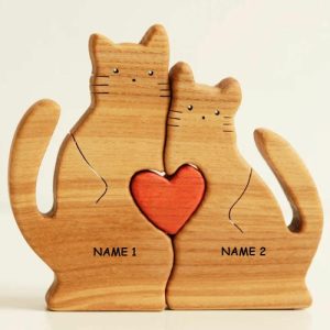 Ornaments |   Personalized Couple Cat Wooden Puzzle With Heart Valentine Gift Home & Living Ornaments