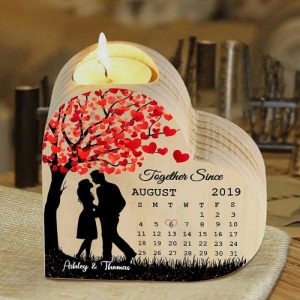 Ornaments |   Personalized Couple Heart Candle Holder Custom Text And Date Engrave Wooden Candlesticks For Anniversary Home & Living Ornaments