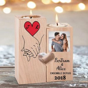 Ornaments |   Personalized Couple Photo Wooden Candle Holder Hand Gesture Heart Promise Candlesticks Home & Living Ornaments