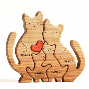 Ornaments |   Personalized Customized Names Warm Cat Family Wooden Puzzle For Parents Home & Living Ornaments