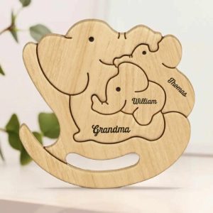 Ornaments |   Personalized Cute Elephant Family Wooden Puzzle With Rocking Chair Gift For Mom Home & Living Ornaments