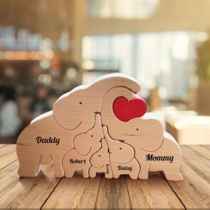 Ornaments |   Personalized Family Cute Elephant Wooden Puzzle Warm Christmas Gift For Family Home & Living Ornaments