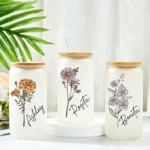 Ornaments |   Personalized Name And Birth Flower Glass Cup With Lid And Straw Best Gift For Girl Friend Home & Living Ornaments