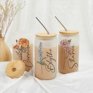 Ornaments |   Personalized Name And Birth Flower Glass Cup With Lid And Straw Exquisite Gift For Bridesmaid Home & Living Ornaments