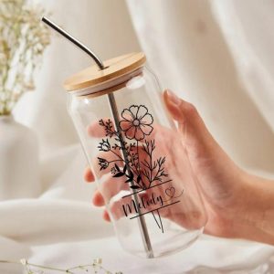 Ornaments |   Personalized Name And Birth Flower Glass Cup With Lid And Straw Modern Gift For Sister Home & Living Ornaments