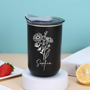 Ornaments |   Personalized Name Wine Tumbler With Lid Custom Birthflower Beautiful Present For Dear Family Home & Living blue