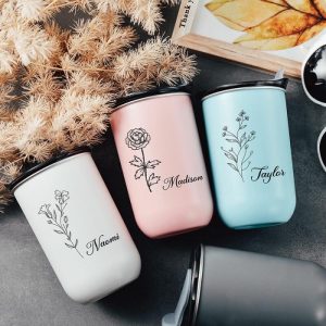 Ornaments |   Personalized Name Wine Tumbler With Lid Custom Birthflower Pattern Cute Present For Family Home & Living blue