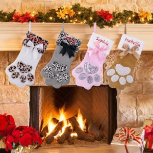 Ornaments |   Personalized Pet Paw Bow Christmas Custom Name Christmas Stockings Home & Living lightbrown