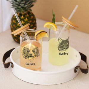 Ornaments |   Personalized Picture Glass Cup With Lid And Straw And Custom Name Best Present For Pet Lover Home & Living Ornaments