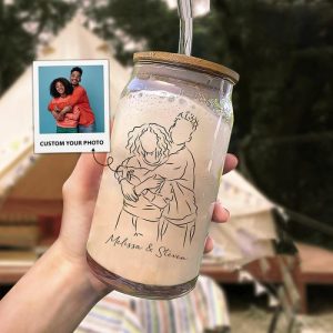 Ornaments |   Personalized Picture Glass Cup With Lid And Straw Simple Line Style Best Valentine’s Day Gift Home & Living Ornaments