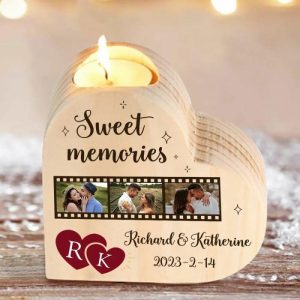 Ornaments |   Personalized "Sweet Memories" Heart Wooden Candle Holder Engrave Photo Candlesticks Valentines Gift Home & Living Ornaments