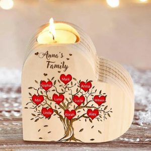 Ornaments |   Personalized Wooden Heart Candle Holder Custom Family Name With Family Tree Pattern Home & Living Ornaments