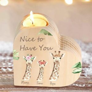 Ornaments |   Personalized Wooden Heart Candle Holder Custom Name For Kids With Cartoon Giraffes Pattern Home & Living Ornaments