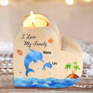 Ornaments |   Personalized Wooden Heart Candle Holder Custom Name For Kids With Cute Dolphins Pattern Home & Living Ornaments