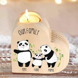 Ornaments |   Personalized Wooden Heart Candle Holder Custom Name For Kids With Panda Family Pattern Home & Living Ornaments