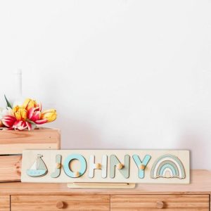 Ornaments |   Personalized Wooden Name Puzzle Wooden Rainbow Sailboat Baby Puzzle Toys Gift Home & Living Ornaments