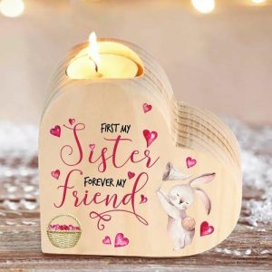 Ornaments |   Wooden Heart Candle Holder Gift For Sister With Cute Bunny Pattern Home & Living Ornaments