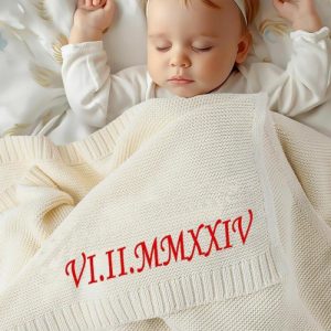 Blankets |   Personalized Baby Knitted Blanket With Embroidered Roman Numeral Date Creative Gift For Birthday Blankets beige1