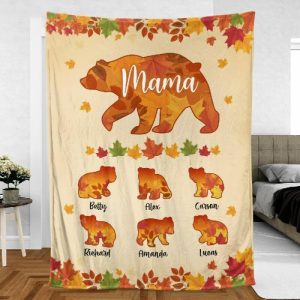 Blankets |   Personalized Name Blanket With Bear And Maple Leaves Pattern Beautiful Present For Thanksgiving Day Blankets Blankets