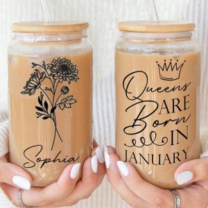 Ornaments |   Personalized Birth Flower Glass Cup With Lid And Straw Best Gift For Wife "Queens"